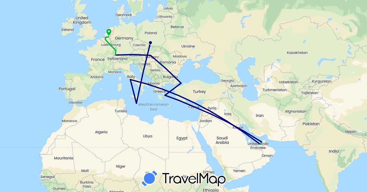 TravelMap itinerary: driving, bus, hiking in United Arab Emirates, Belgium, Switzerland, Cyprus, France, Greece, Hungary, Italy, Luxembourg, Malta, Netherlands, Poland, Turkey, Vatican City (Asia, Europe)